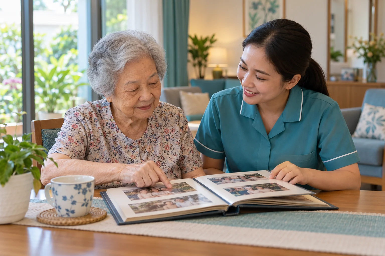 Illustrative scene of a caregiver sharing a photo album with an older woman