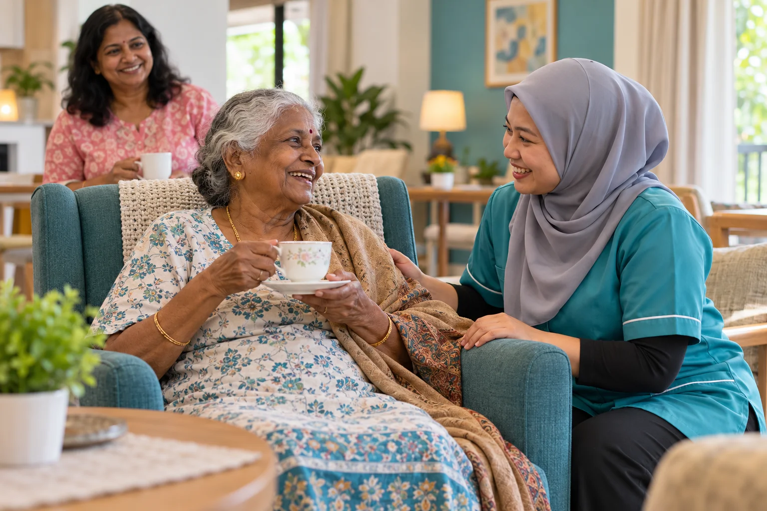 Illustrative scene of an older woman enjoying companionship during a short care stay