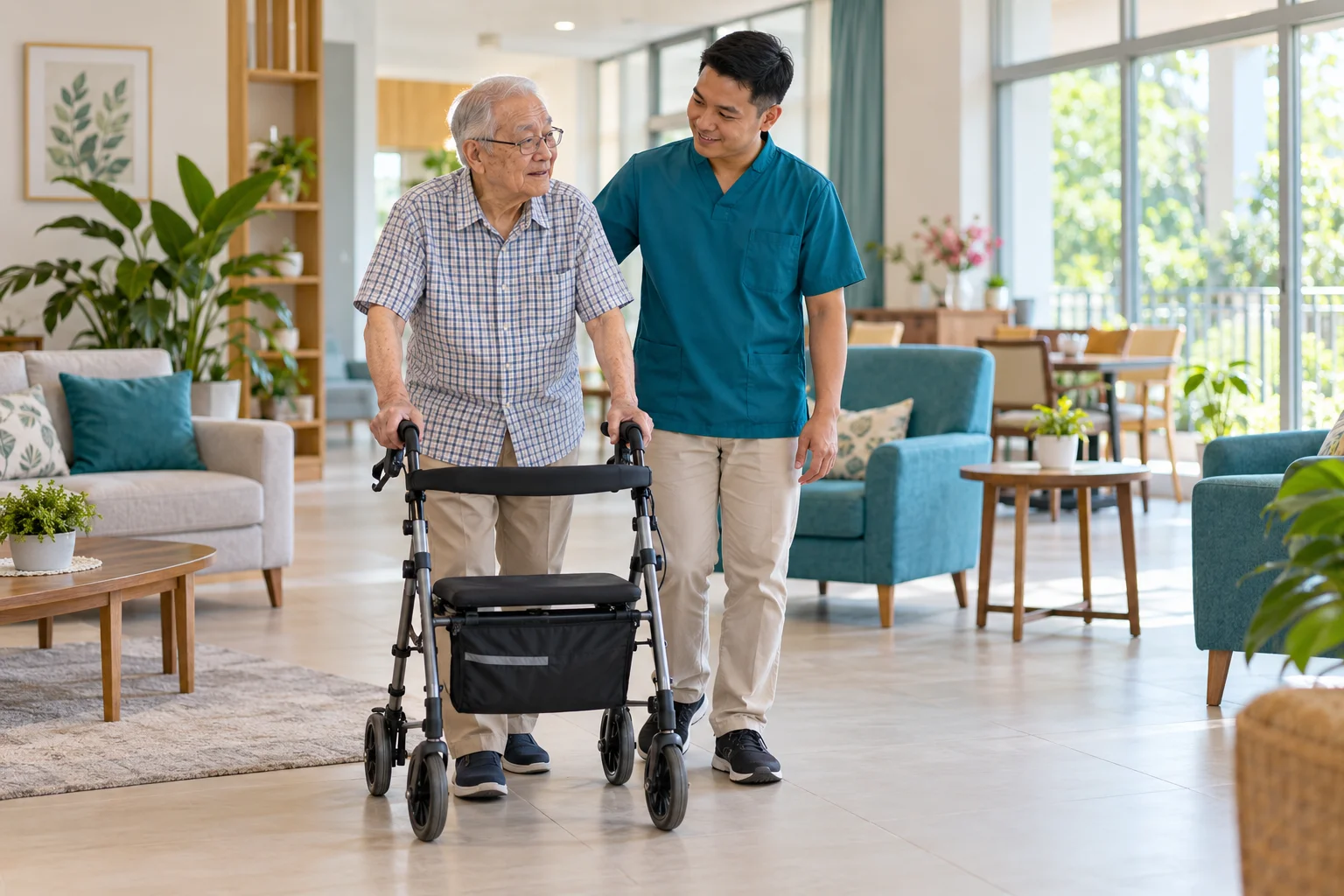 Illustrative scene of an older man using a rollator with attentive caregiver supervision