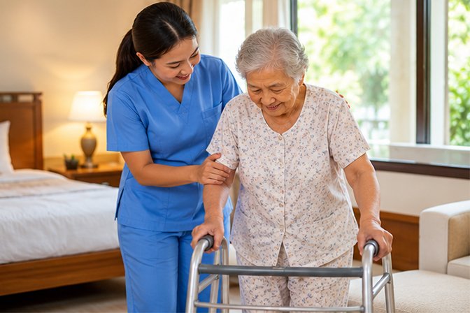 Caregiver providing reassuring support to a person with dementia