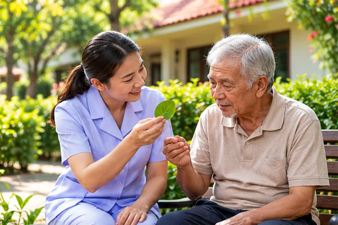 Caregiver helping an elderly resident stay comfortable