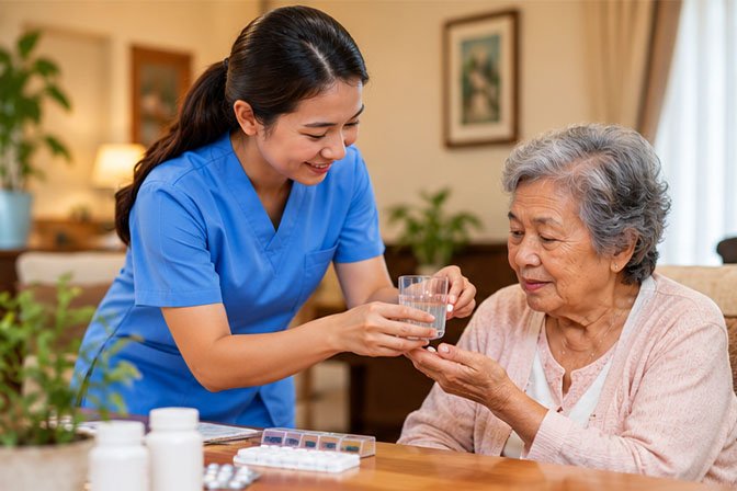 Caregiver assisting an elderly resident with medication routines